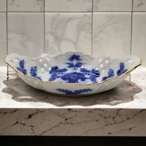 Victorian Style Blue White Porcelain Trinket Dish Oval Windmill Floral Gold Trim